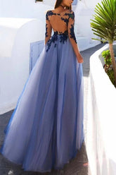 See Through Blue Lace Long Sleeve Open Back Long Evening Prom Dresses